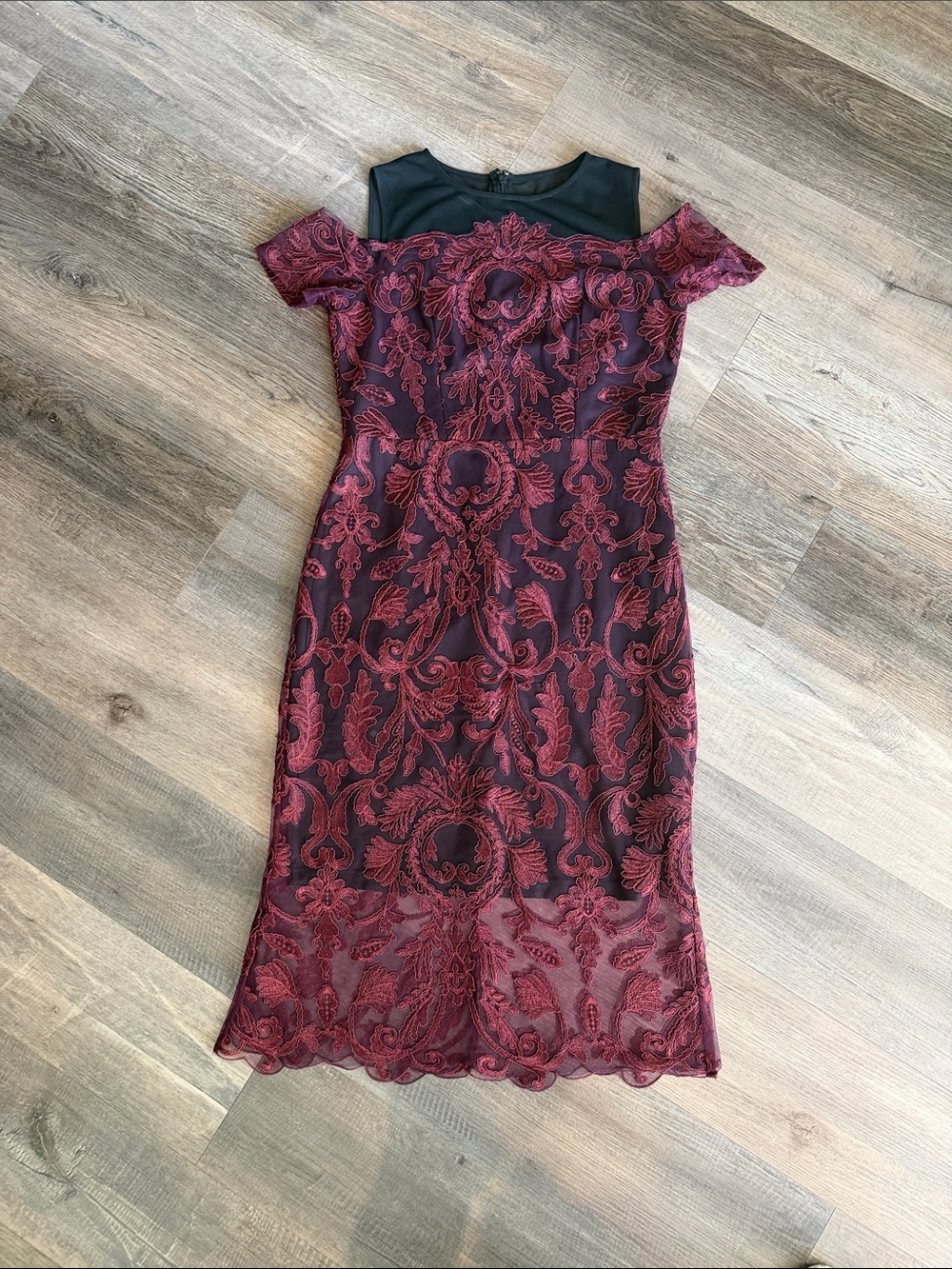 Off-Shoulder Lace Midi Dress in Burgundy